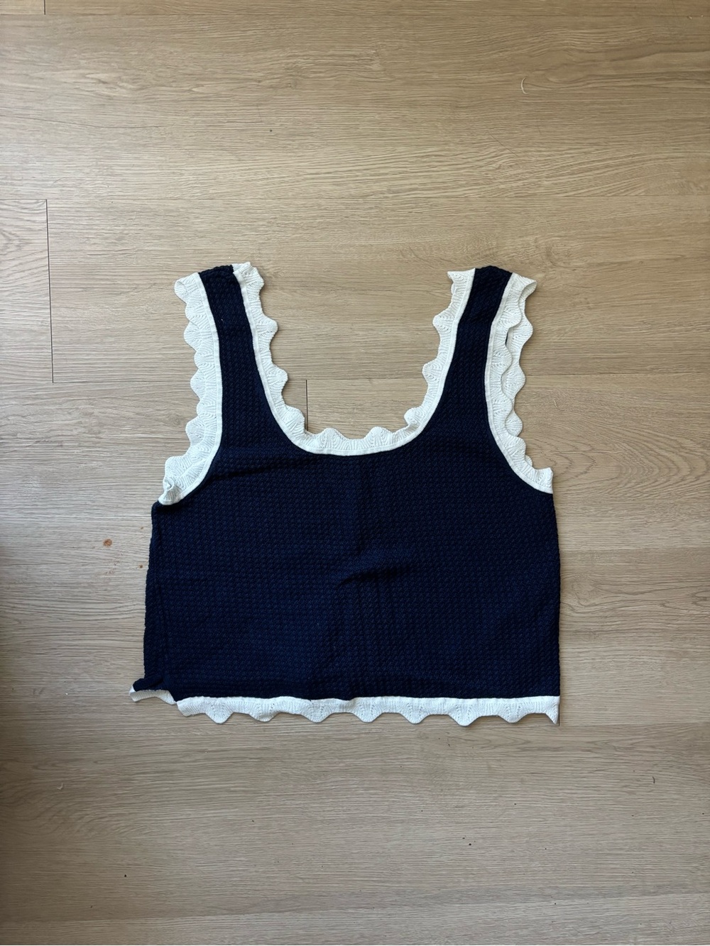 Anthropologie Navy Crop Tank with Cream Scalloped Trim